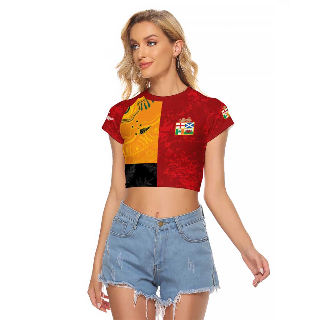 Custom British Lions-AUNZ Raglan Cropped T Shirt Australia-New Zealand Indigenous Motif LT9 Female Red - Polynesian Pride