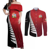 Custom British Lions New Zealand Couples Matching Off Shoulder Maxi Dress and Long Sleeve Button Shirt Half Black Fern LT9 Red - Polynesian Pride
