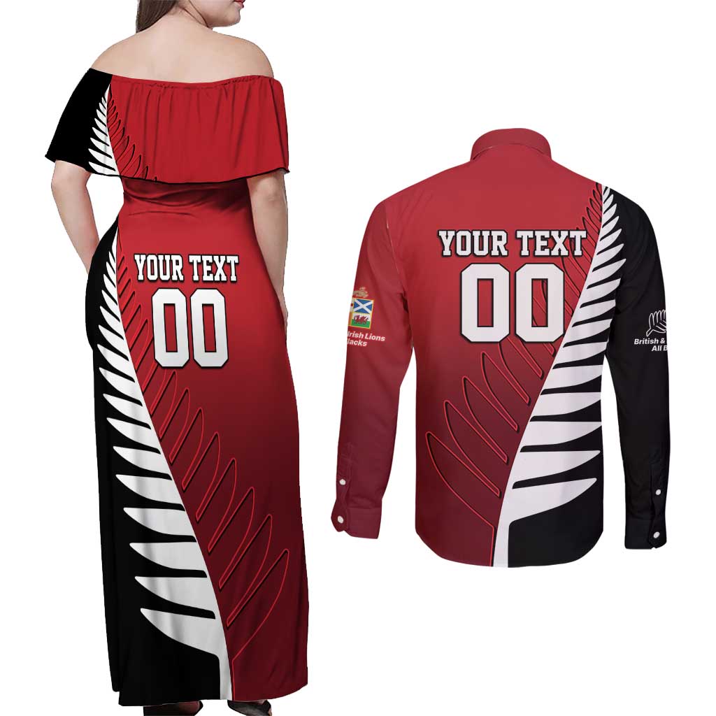 Custom British Lions New Zealand Couples Matching Off Shoulder Maxi Dress and Long Sleeve Button Shirt Half Black Fern LT9 - Polynesian Pride