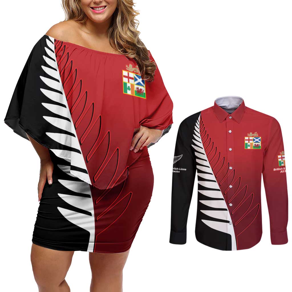 Custom British Lions New Zealand Couples Matching Off Shoulder Short Dress and Long Sleeve Button Shirt Half Black Fern LT9 Red - Polynesian Pride