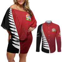 Custom British Lions New Zealand Couples Matching Off Shoulder Short Dress and Long Sleeve Button Shirt Half Black Fern LT9 Red - Polynesian Pride