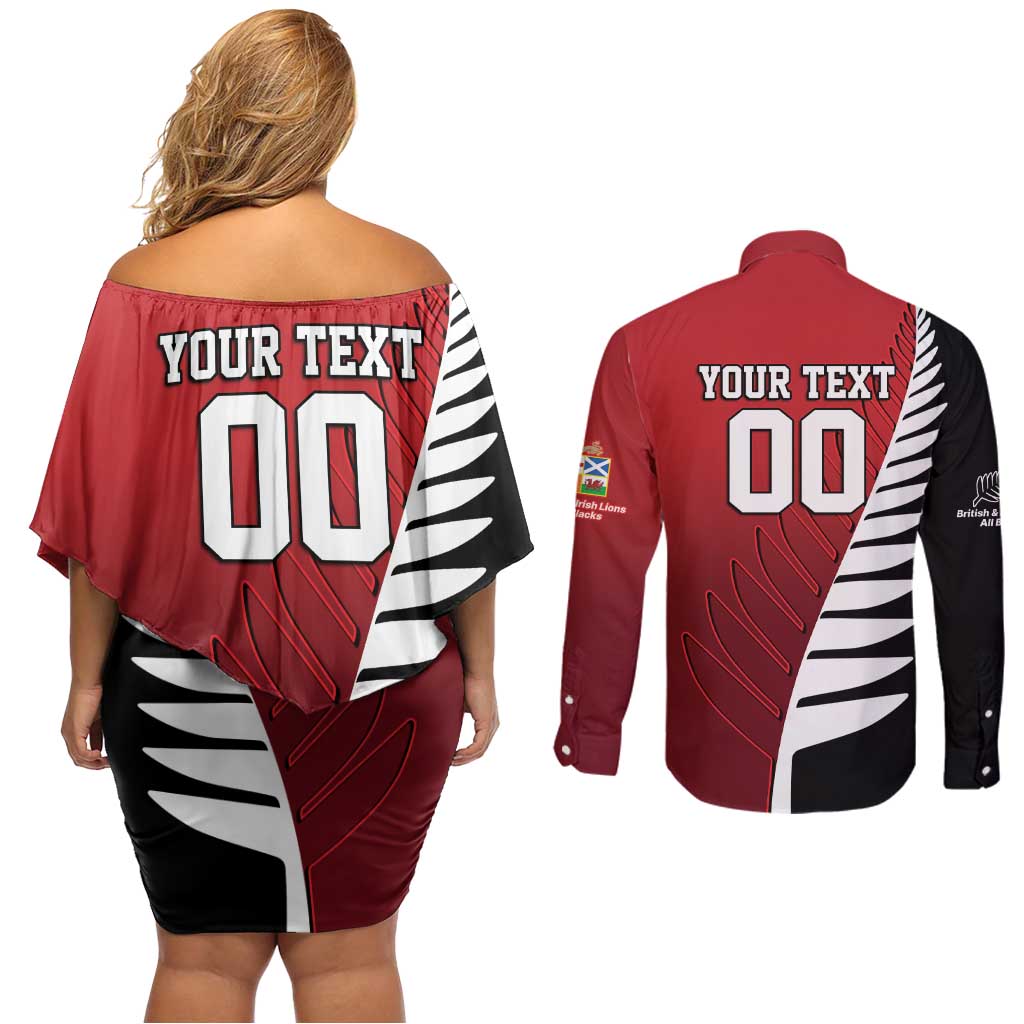 Custom British Lions New Zealand Couples Matching Off Shoulder Short Dress and Long Sleeve Button Shirt Half Black Fern LT9 - Polynesian Pride