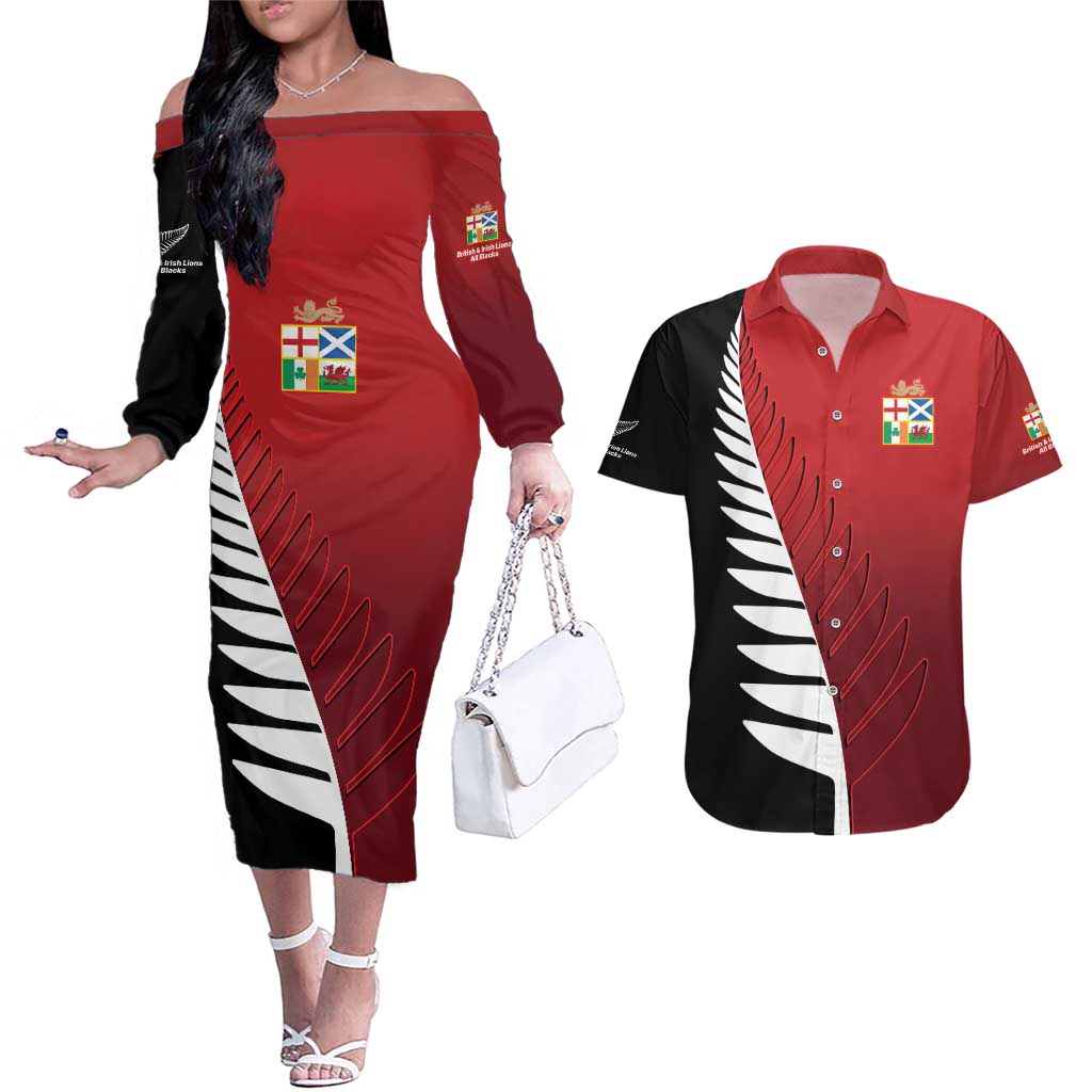 Custom British Lions New Zealand Couples Matching Off The Shoulder Long Sleeve Dress and Hawaiian Shirt Half Black Fern