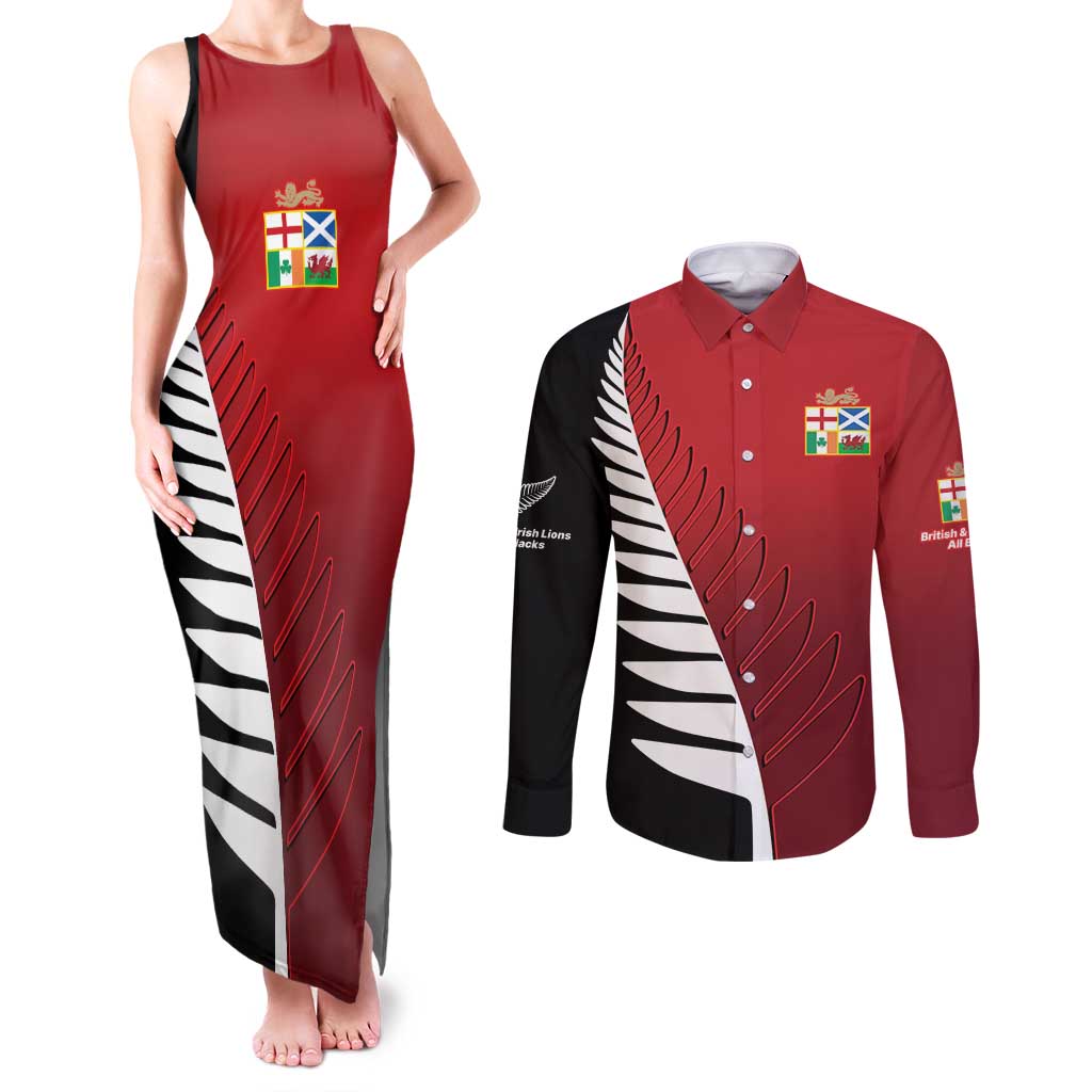 Custom British Lions New Zealand Couples Matching Tank Maxi Dress and Long Sleeve Button Shirt Half Black Fern