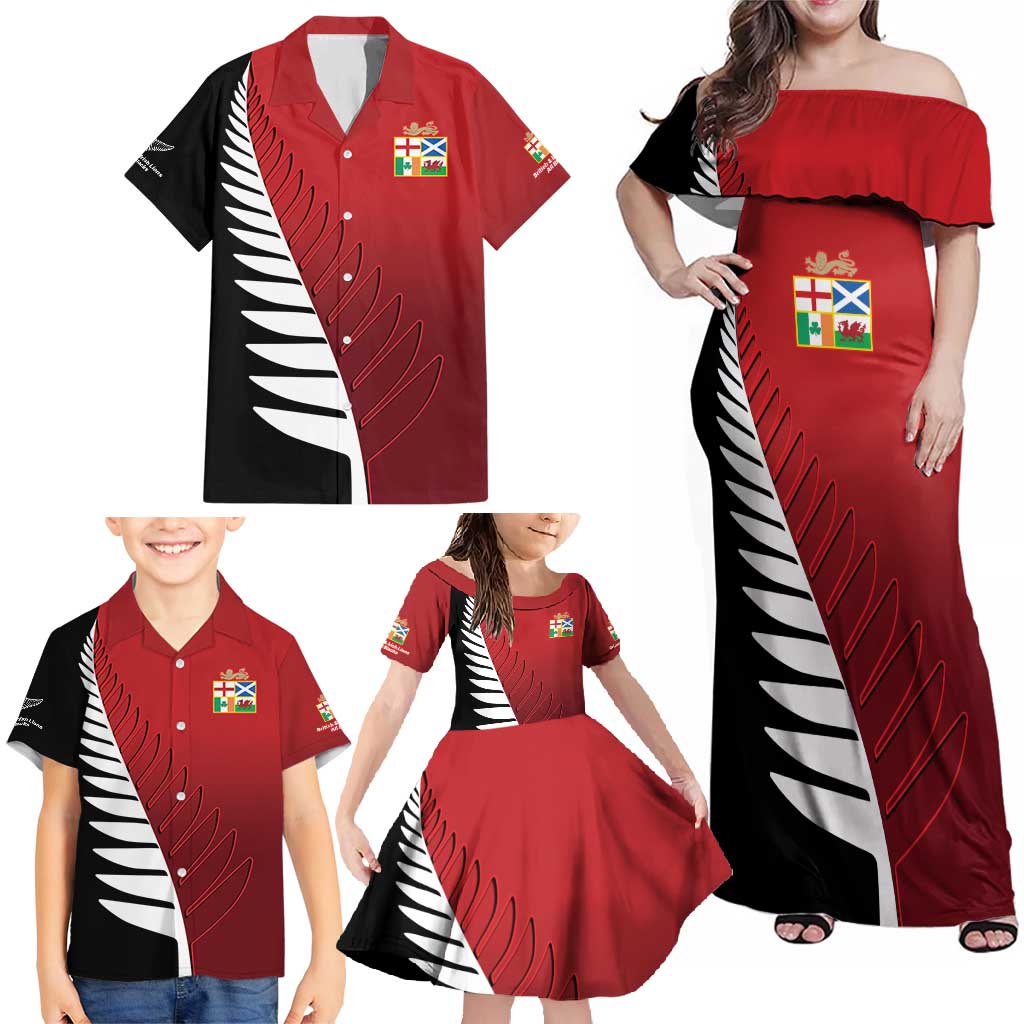 Custom British Lions New Zealand Family Matching Off Shoulder Maxi Dress and Hawaiian Shirt Half Black Fern