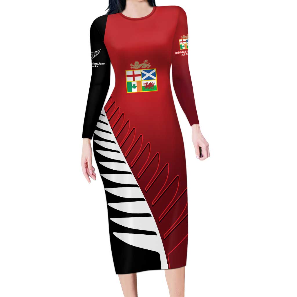 Custom British Lions New Zealand Long Sleeve Bodycon Dress Half Black Fern