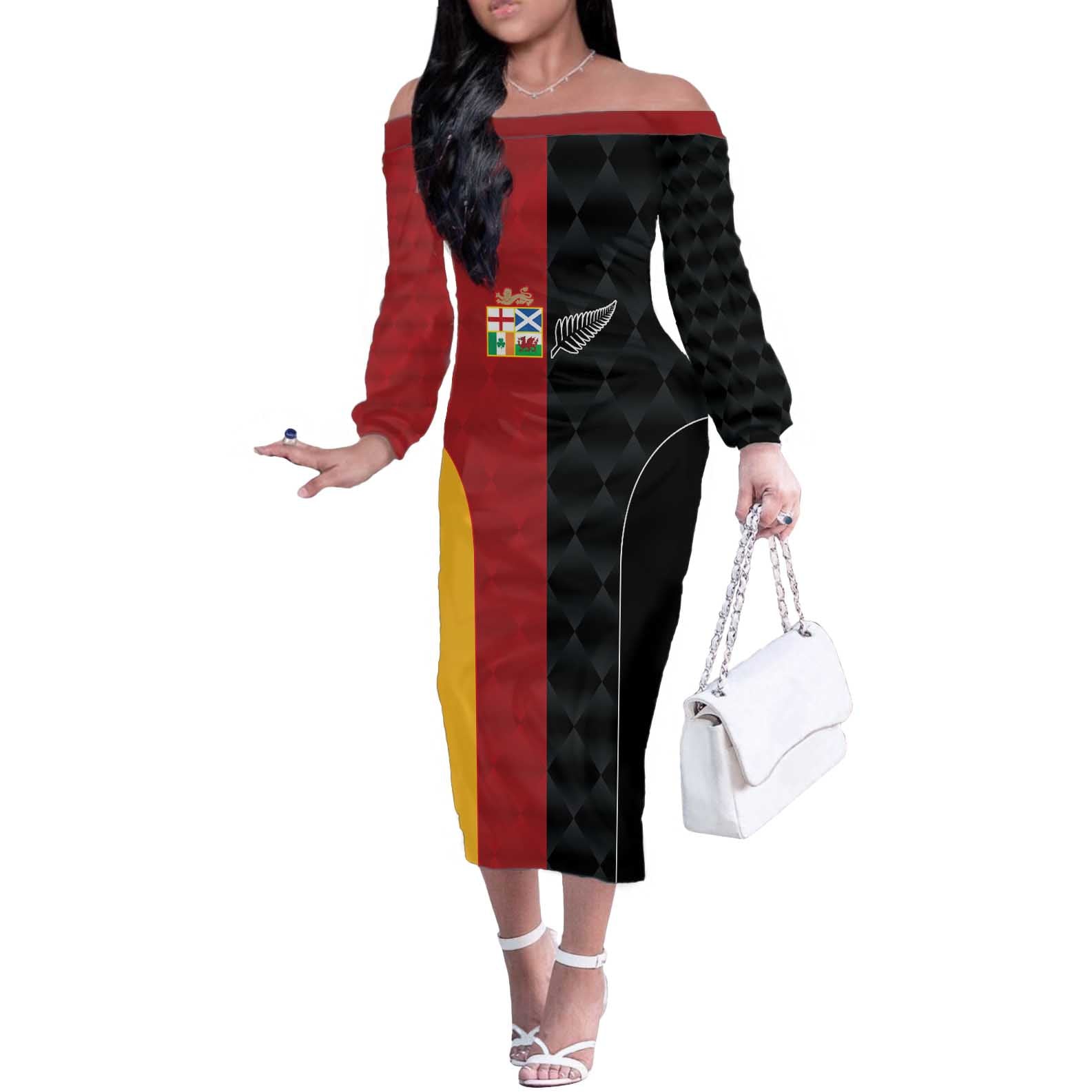 Custom British Lions New Zealand Off The Shoulder Long Sleeve Dress Sporty Style