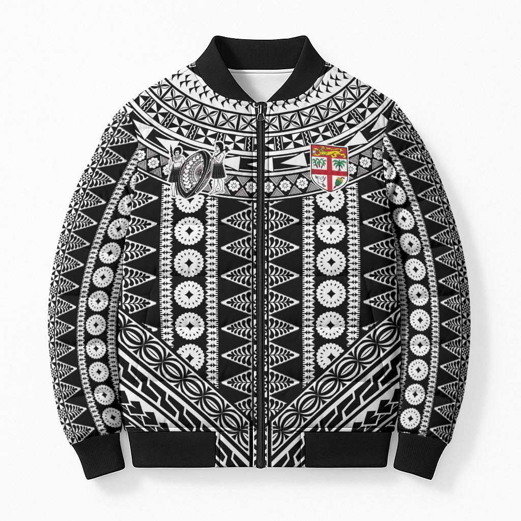 Fiji Custom Rugby National Heritage Bomber Puffer Jacket Black Traditional Masi Inspired