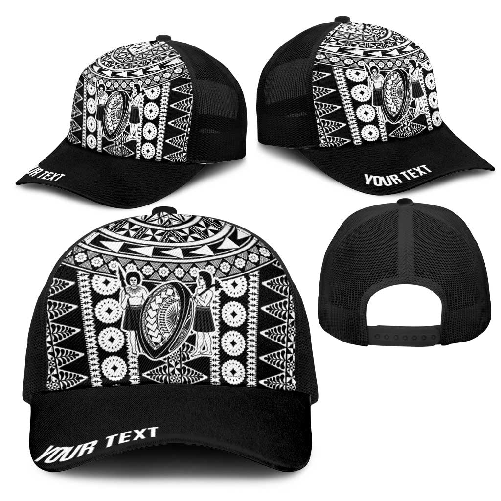 Fiji Personalized Rugby National Heritage Mesh Trucker Cap Black Traditional Masi Inspired