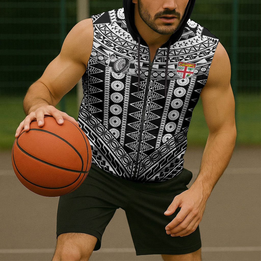 Fiji Custom Rugby National Heritage Sleeveless Zip Hoodie Black Traditional Masi Inspired