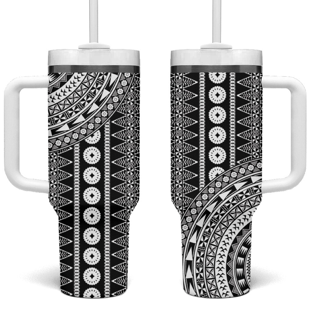 Fiji Custom Rugby National Heritage Tumbler With Handle Black Traditional Masi Inspired LT9 One Size: 40 oz Black - Polynesian Pride