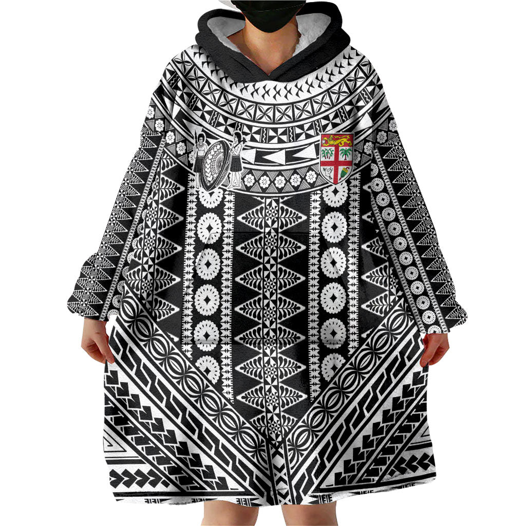 Fiji Custom Rugby National Heritage Wearable Blanket Hoodie Black Traditional Masi Inspired