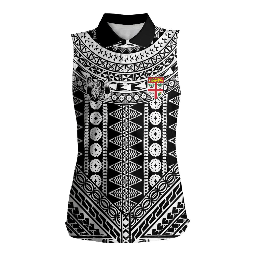 Fiji Custom Rugby National Heritage Women Sleeveless Polo Shirt Black Traditional Masi Inspired LT9 Female Black - Polynesian Pride