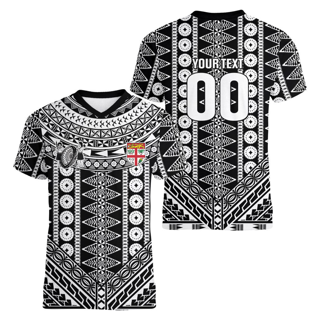 Fiji Custom Rugby National Heritage Women V-Neck T-Shirt Black Traditional Masi Inspired