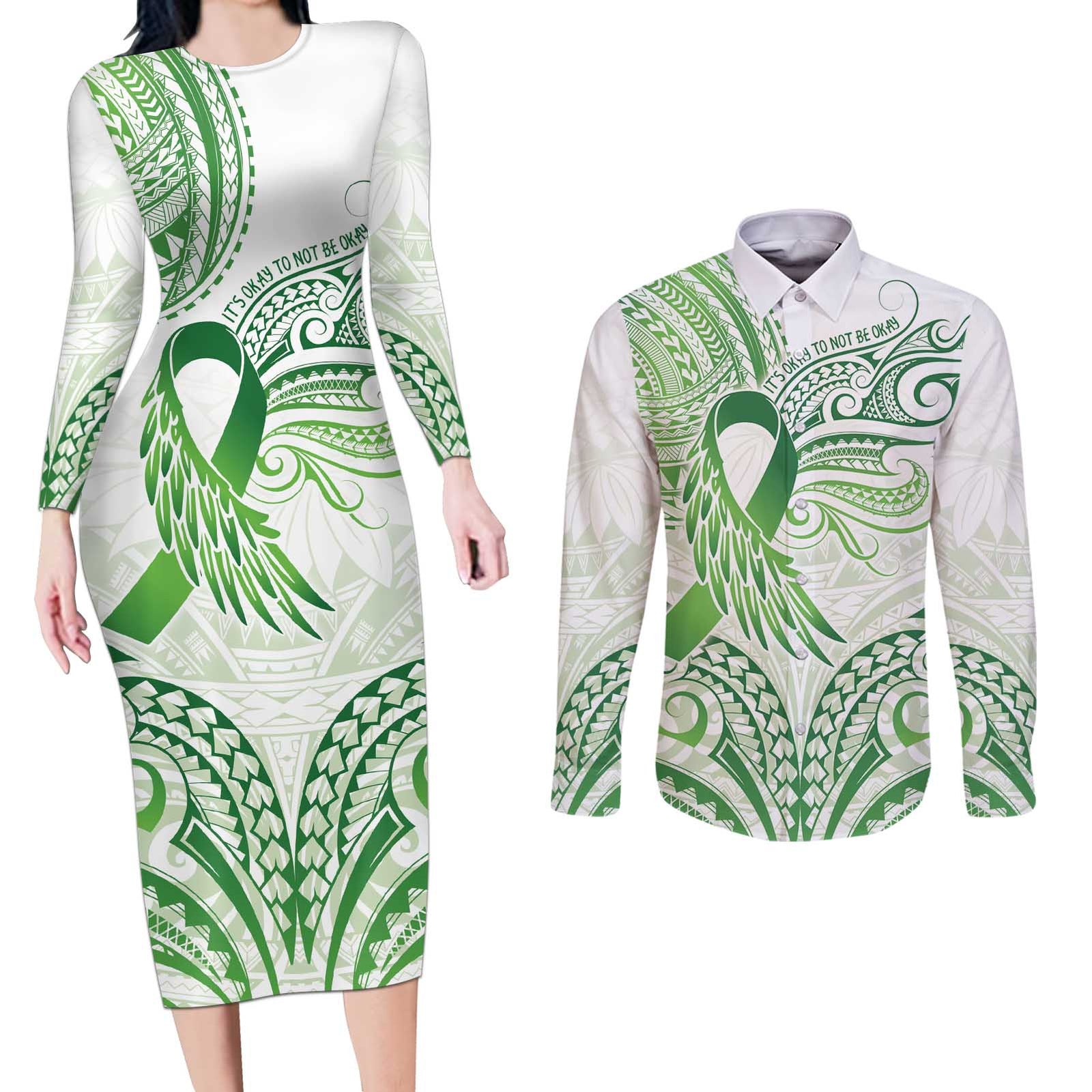 Its Okay Green Ribbon Personalised Couples Matching Long Sleeve Bodycon Dress and Long Sleeve Button Shirt Polynesian Depression Awareness