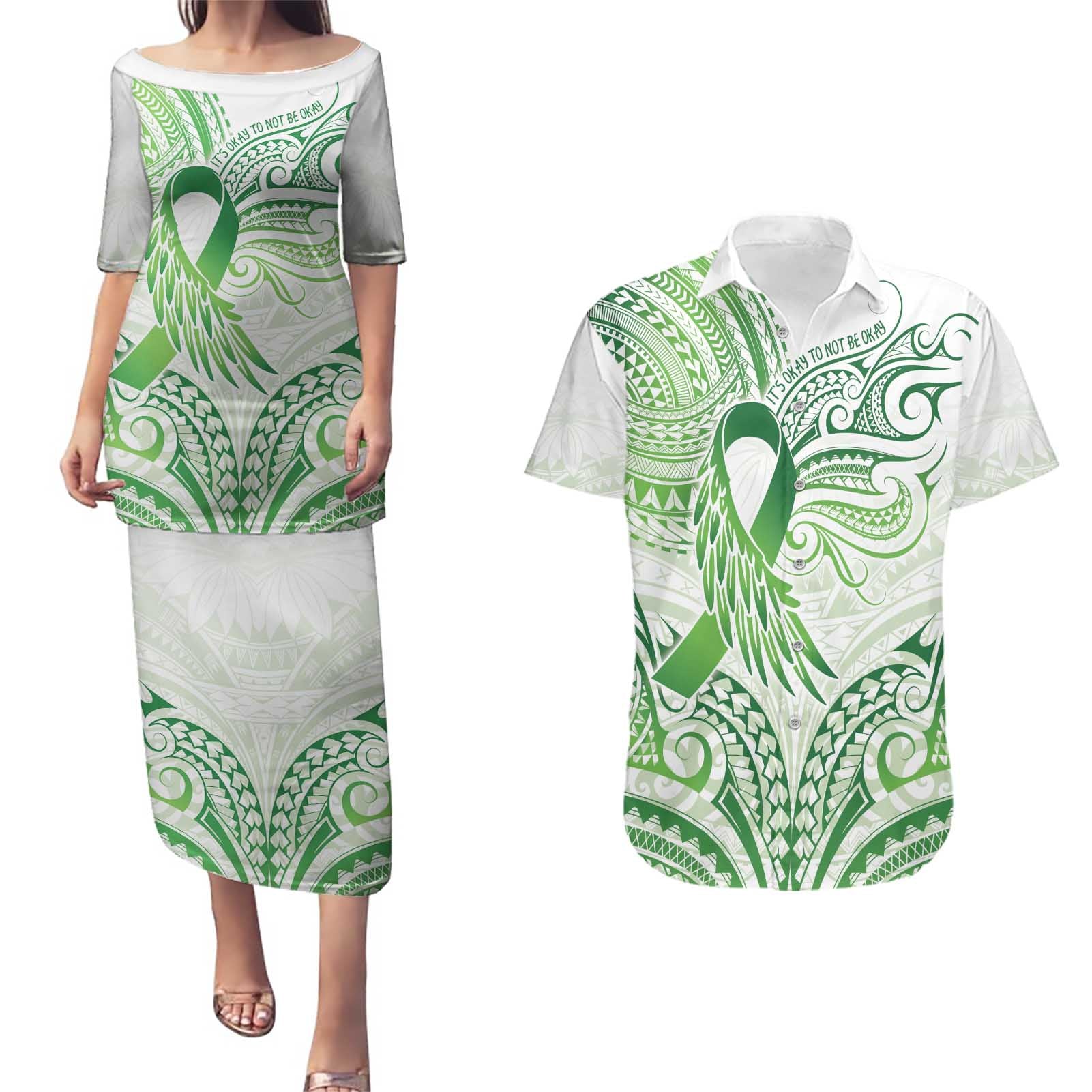 Its Okay Green Ribbon Personalised Couples Matching Puletasi and Hawaiian Shirt Polynesian Depression Awareness