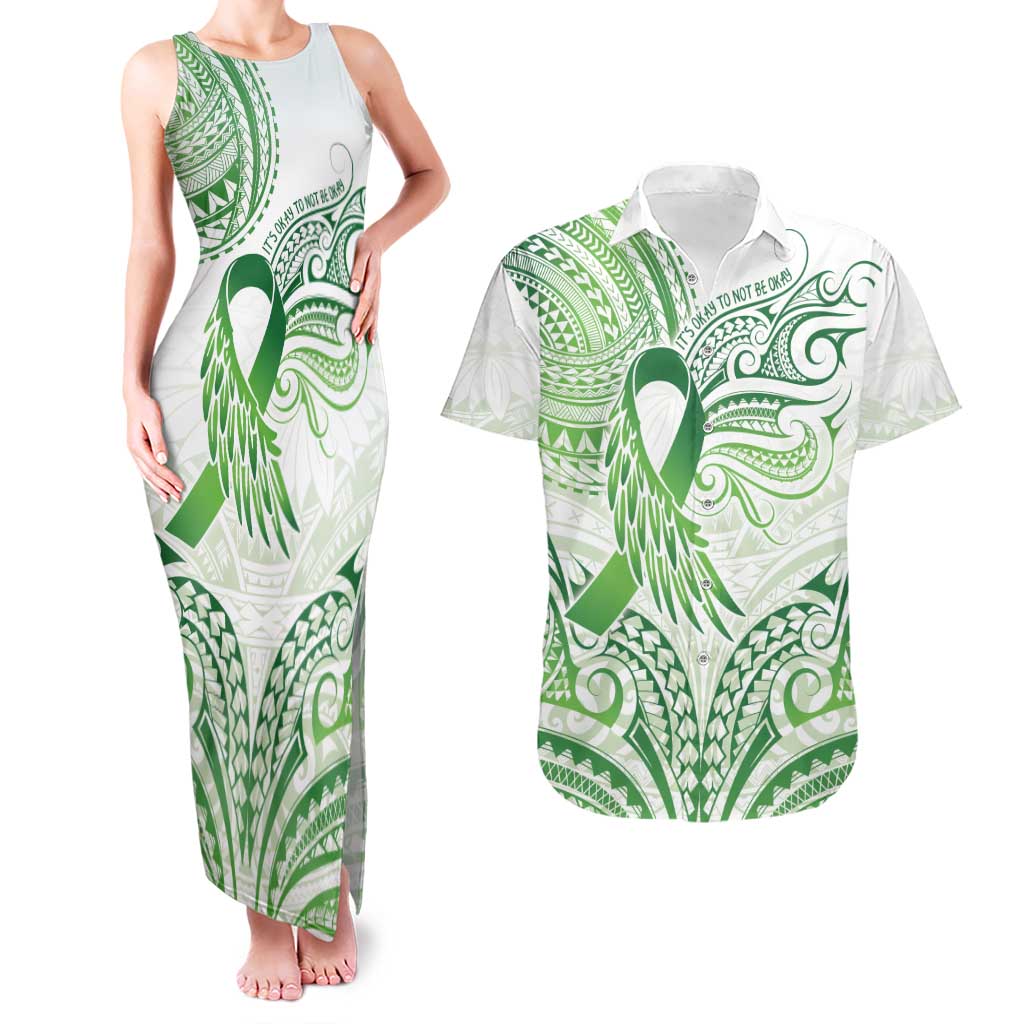 Its Okay Green Ribbon Personalised Couples Matching Tank Maxi Dress and Hawaiian Shirt Polynesian Depression Awareness