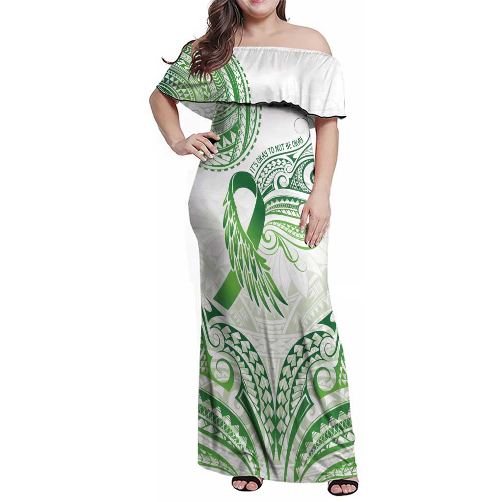 Its Okay Green Ribbon Personalised Family Matching Off Shoulder Maxi Dress and Hawaiian Shirt Polynesian Depression Awareness