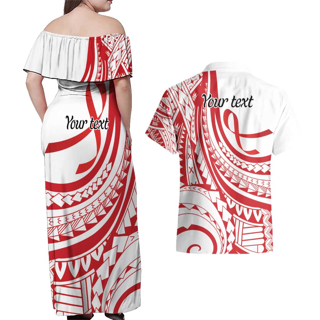 Know Your Status Red Ribbon Personalised Couples Matching Off Shoulder Maxi Dress and Hawaiian Shirt Polynesian AIDS Awareness