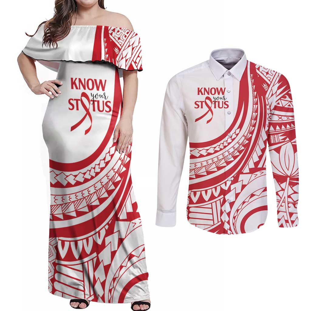 Know Your Status Red Ribbon Personalised Couples Matching Off Shoulder Maxi Dress and Long Sleeve Button Shirt Polynesian AIDS Awareness