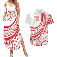 Know Your Status Red Ribbon Personalised Couples Matching Summer Maxi Dress and Hawaiian Shirt Polynesian AIDS Awareness