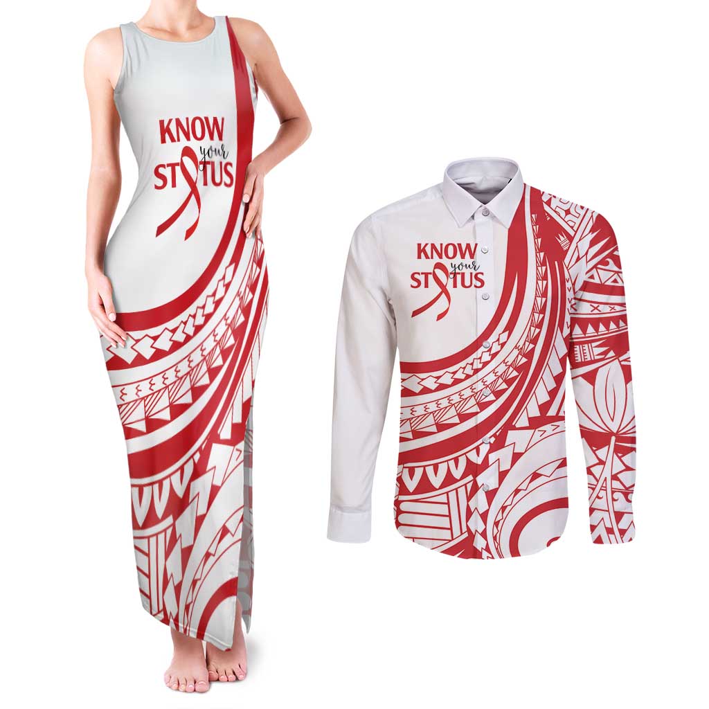 Know Your Status Red Ribbon Personalised Couples Matching Tank Maxi Dress and Long Sleeve Button Shirt Polynesian AIDS Awareness