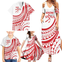 Know Your Status Red Ribbon Personalised Family Matching Summer Maxi Dress and Hawaiian Shirt Polynesian AIDS Awareness