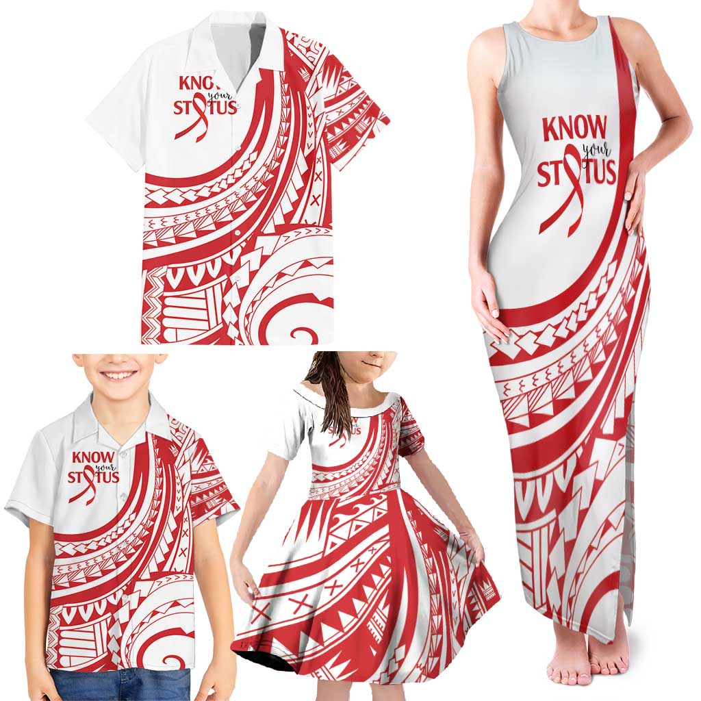 Know Your Status Red Ribbon Personalised Family Matching Tank Maxi Dress and Hawaiian Shirt Polynesian AIDS Awareness