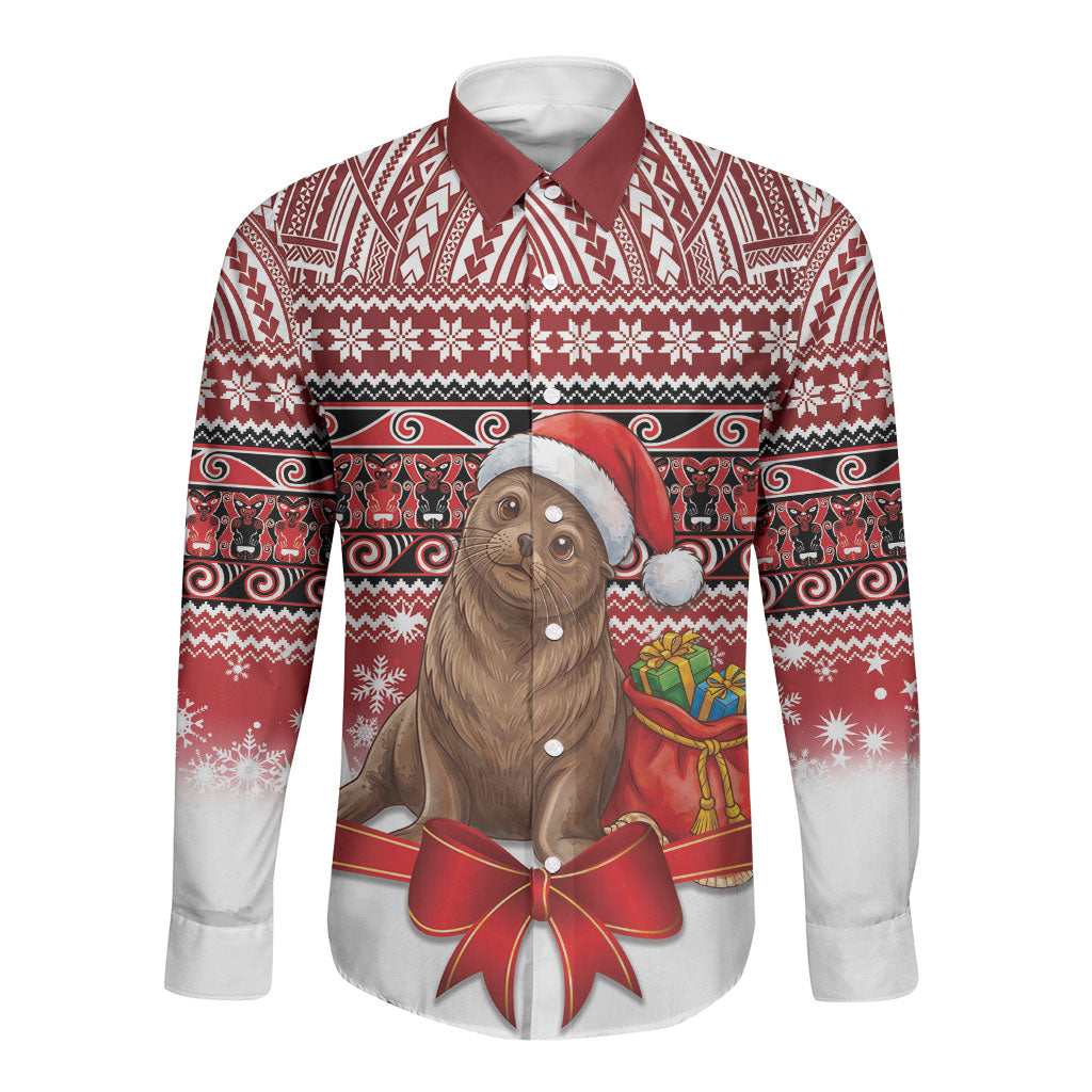 New Zealand Kekeno Seal Christmas Long Sleeve Button Shirt Maori Inspired Knitted Patterns LT9 Unisex Red - Polynesian Pride