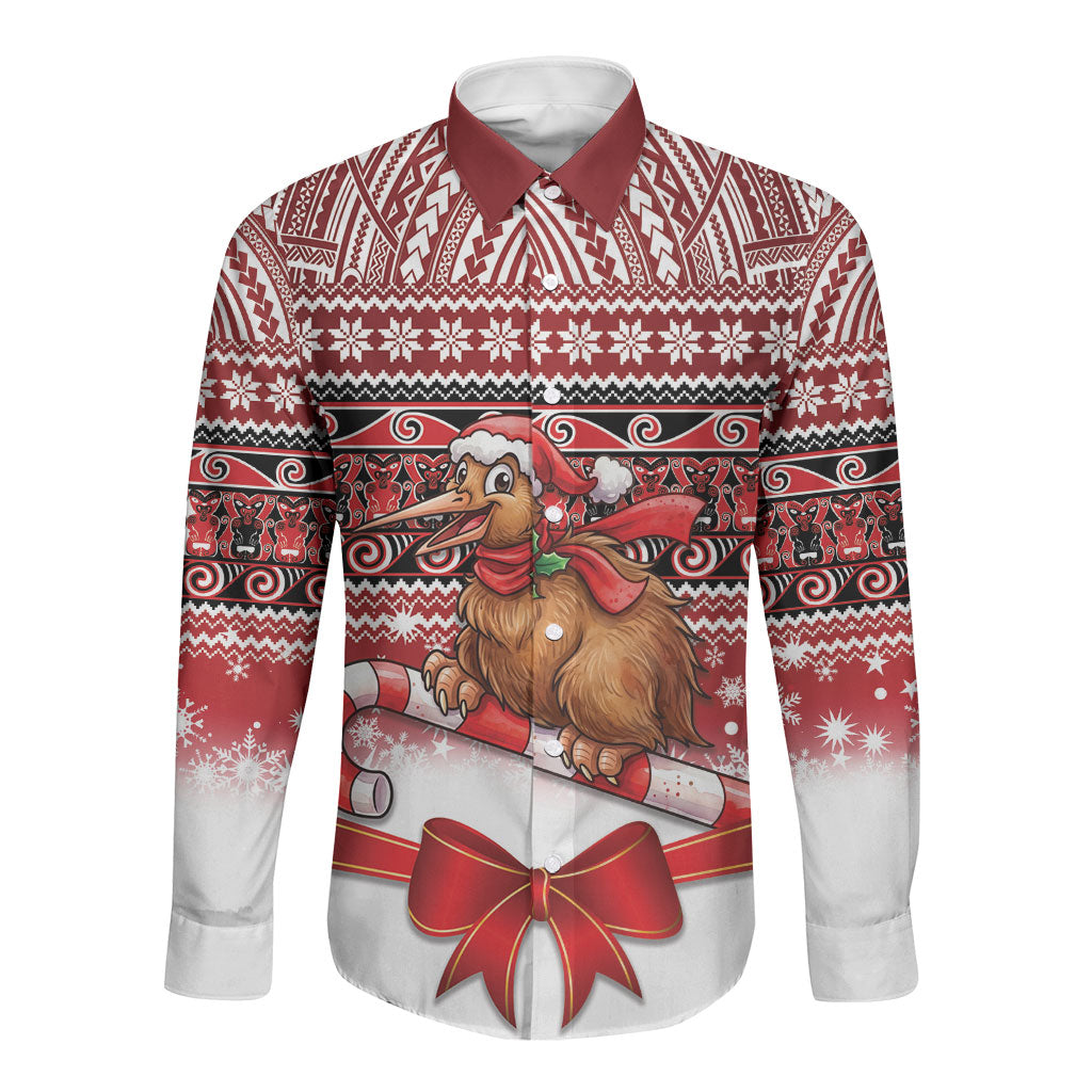 New Zealand Kiwi Bird Christmas Long Sleeve Button Shirt Maori Inspired Knitted Patterns LT9 Unisex Red - Polynesian Pride