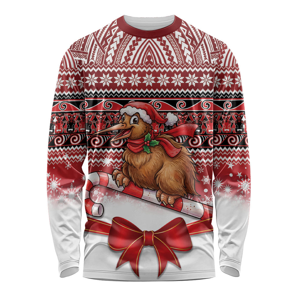 New Zealand Kiwi Bird Christmas Long Sleeve Shirt Maori Inspired Knitted Patterns LT9 Unisex Red - Polynesian Pride