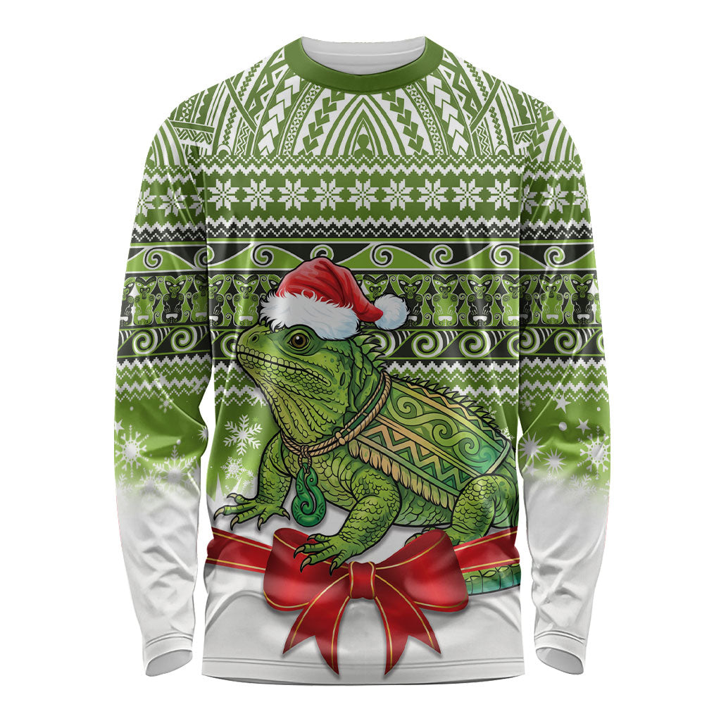 New Zealand Tuatara Christmas Long Sleeve Shirt Maori Inspired Knitted Patterns LT9 Unisex Green - Polynesian Pride