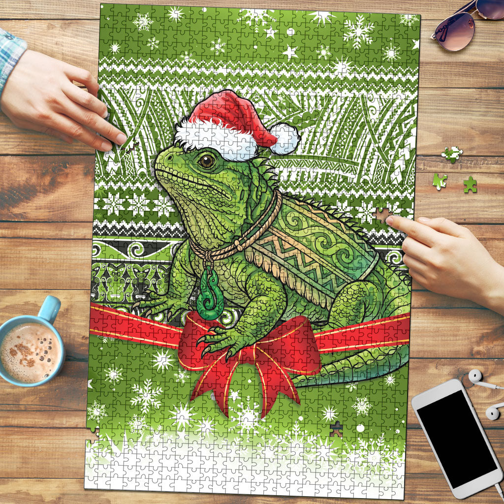 New Zealand Tuatara Christmas Puzzle Maori Inspired Knitted Patterns LT9 Green - Polynesian Pride