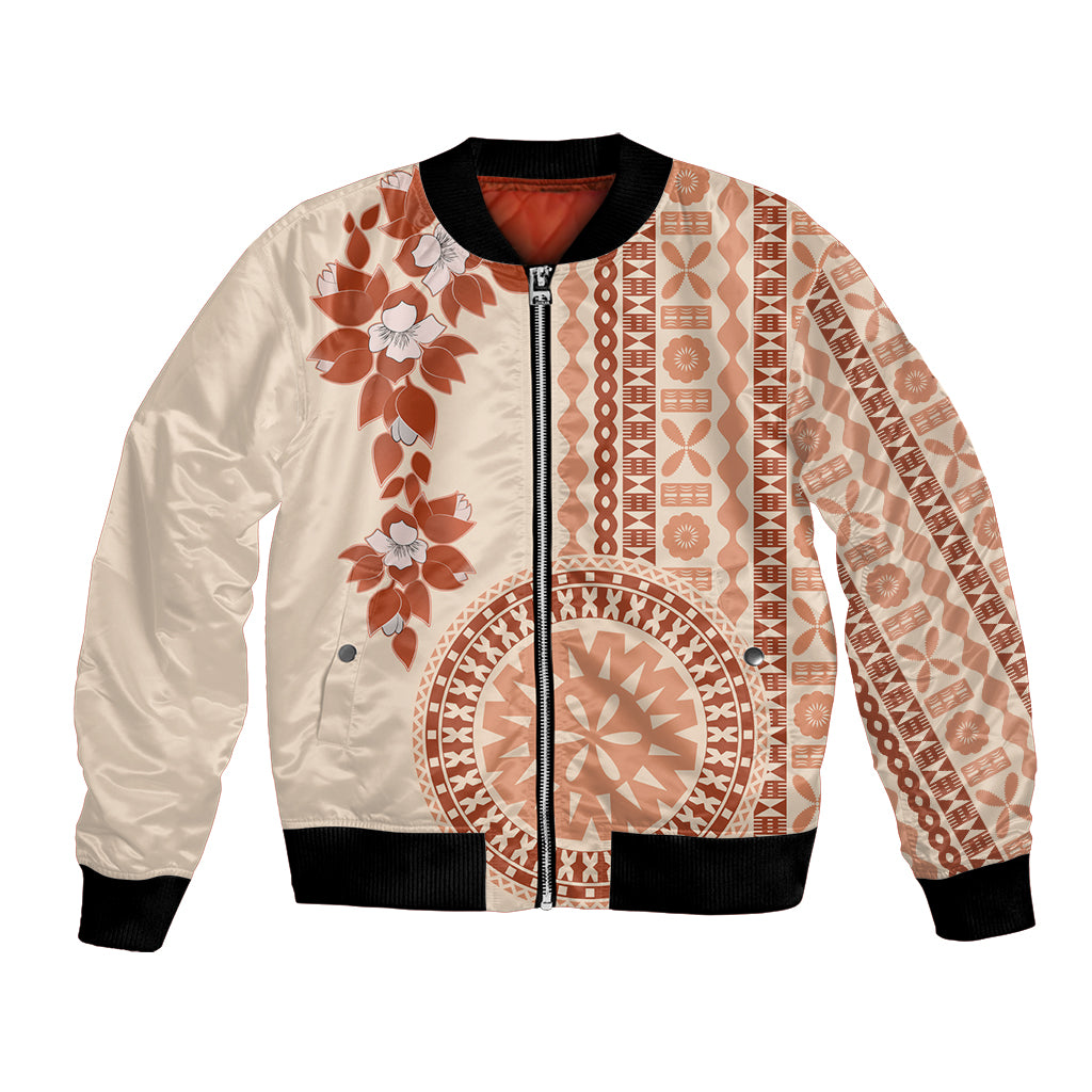 Fiji Tagimoucia Flower With Tapa Tribal Bomber Jacket Beige Color LT9 Unisex Beige - Polynesian Pride
