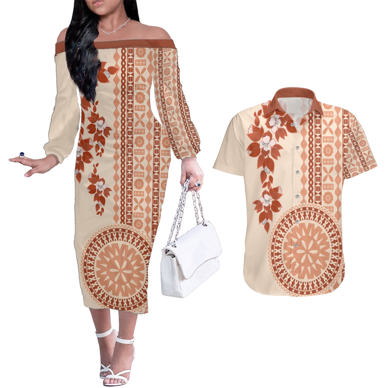 Fiji Tagimoucia Flower With Tapa Tribal Couples Matching Off The Shoulder Long Sleeve Dress and Hawaiian Shirt Beige Color LT9 Beige - Polynesian Pride