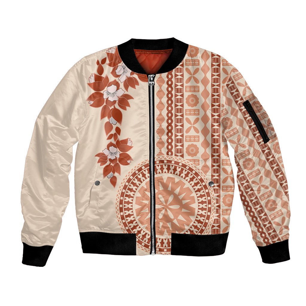 Fiji Tagimoucia Flower With Tapa Tribal Sleeve Zip Bomber Jacket Beige Color LT9 Unisex Beige - Polynesian Pride