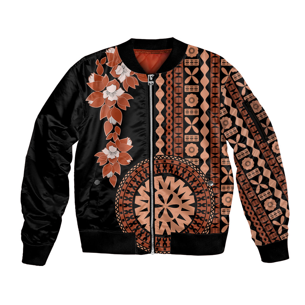 Fiji Tagimoucia Flower With Tapa Tribal Sleeve Zip Bomber Jacket Brown Color LT9 Unisex Brown - Polynesian Pride