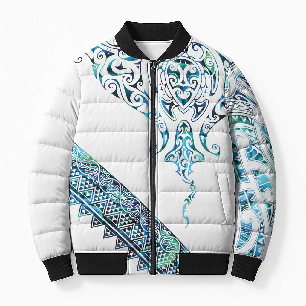 Kahui Whetu Paua shell Kowhaiwhai Taniko Personalised Bomber Puffer Jacket Manta Ray Shark-Turtle Maori Tribal Style