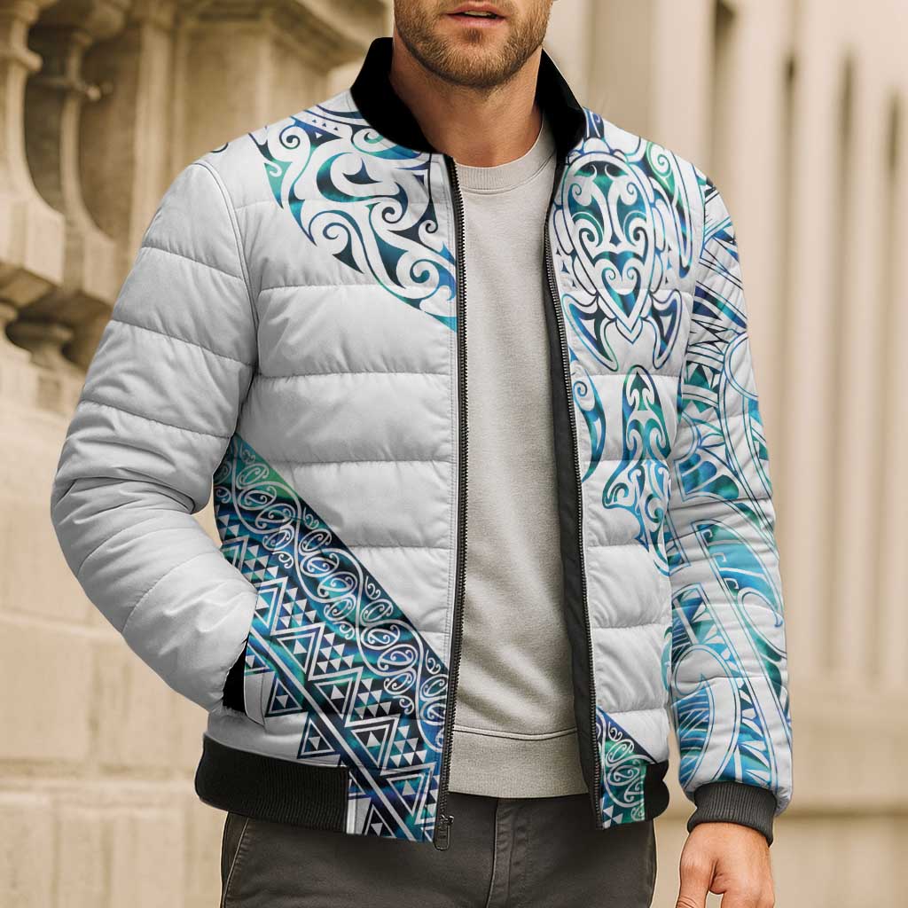 Kahui Whetu Paua shell Kowhaiwhai Taniko Personalised Bomber Puffer Jacket Manta Ray Shark-Turtle Maori Tribal Style