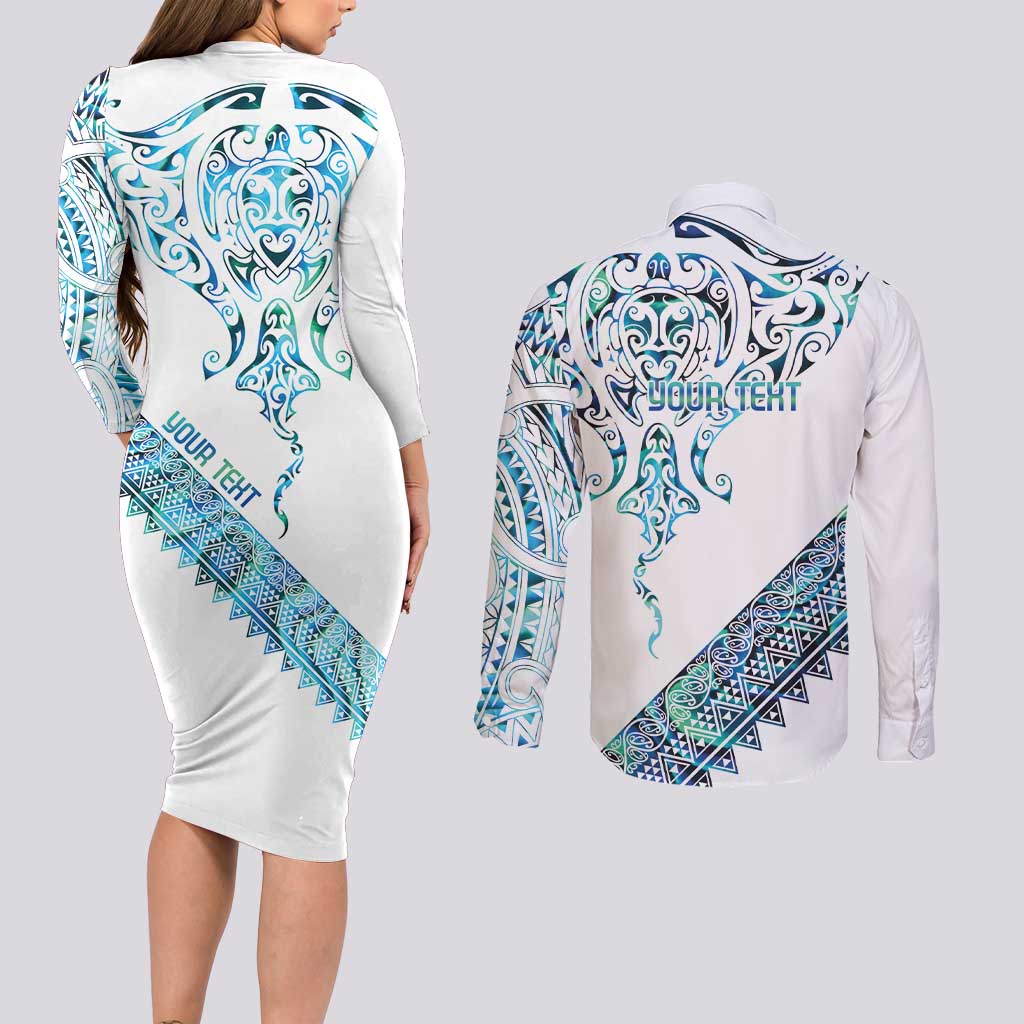 Kahui Whetu Paua shell Kowhaiwhai Taniko Personalised Couples Matching Long Sleeve Bodycon Dress and Long Sleeve Button Shirt Manta Ray Shark-Turtle Maori Tribal Style