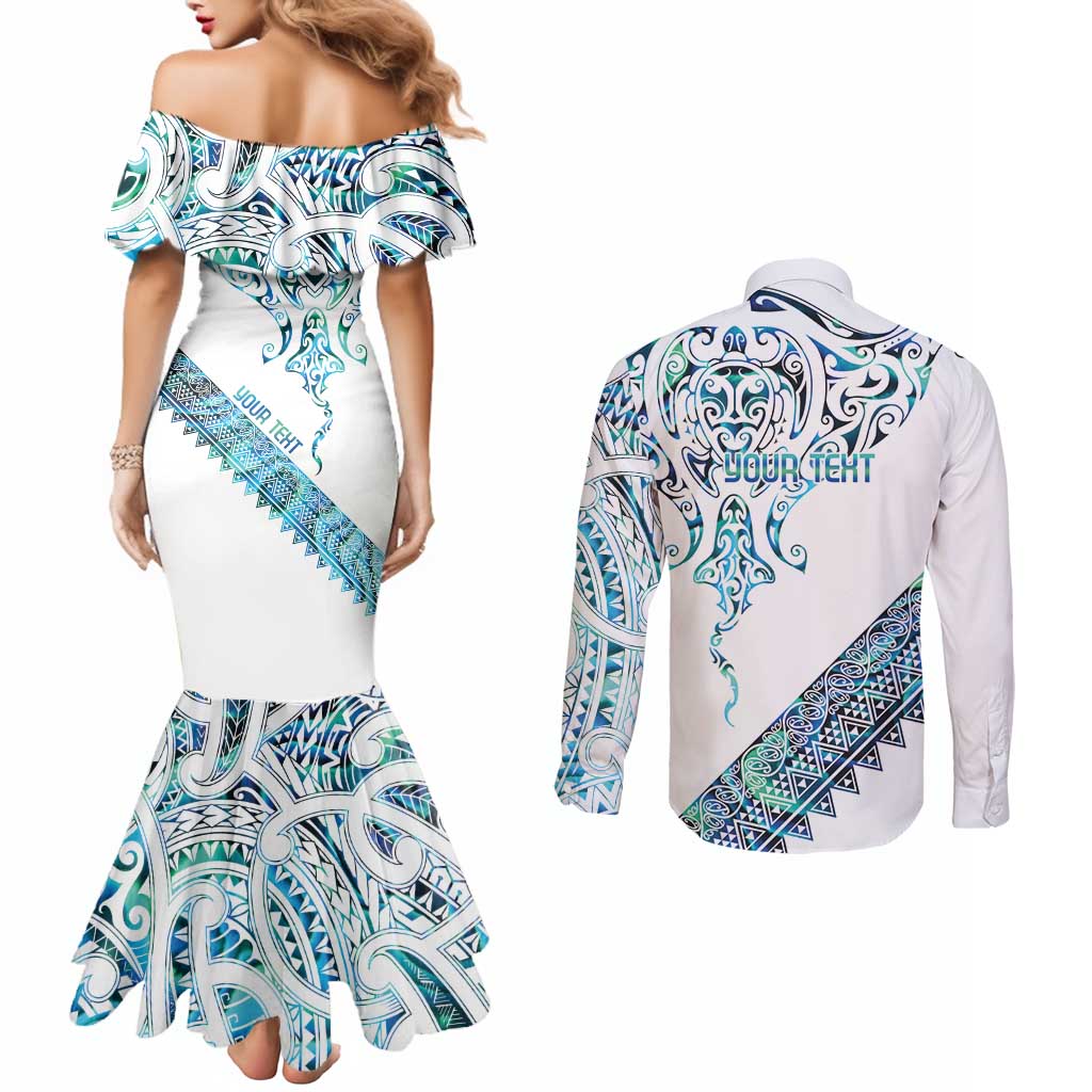 Kahui Whetu Paua shell Kowhaiwhai Taniko Personalised Couples Matching Mermaid Dress and Long Sleeve Button Shirt Manta Ray Shark-Turtle Maori Tribal Style