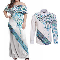 Kahui Whetu Paua shell Kowhaiwhai Taniko Personalised Couples Matching Off Shoulder Maxi Dress and Long Sleeve Button Shirt Manta Ray Shark-Turtle Maori Tribal Style
