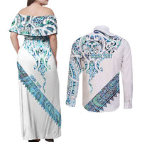 Kahui Whetu Paua shell Kowhaiwhai Taniko Personalised Couples Matching Off Shoulder Maxi Dress and Long Sleeve Button Shirt Manta Ray Shark-Turtle Maori Tribal Style
