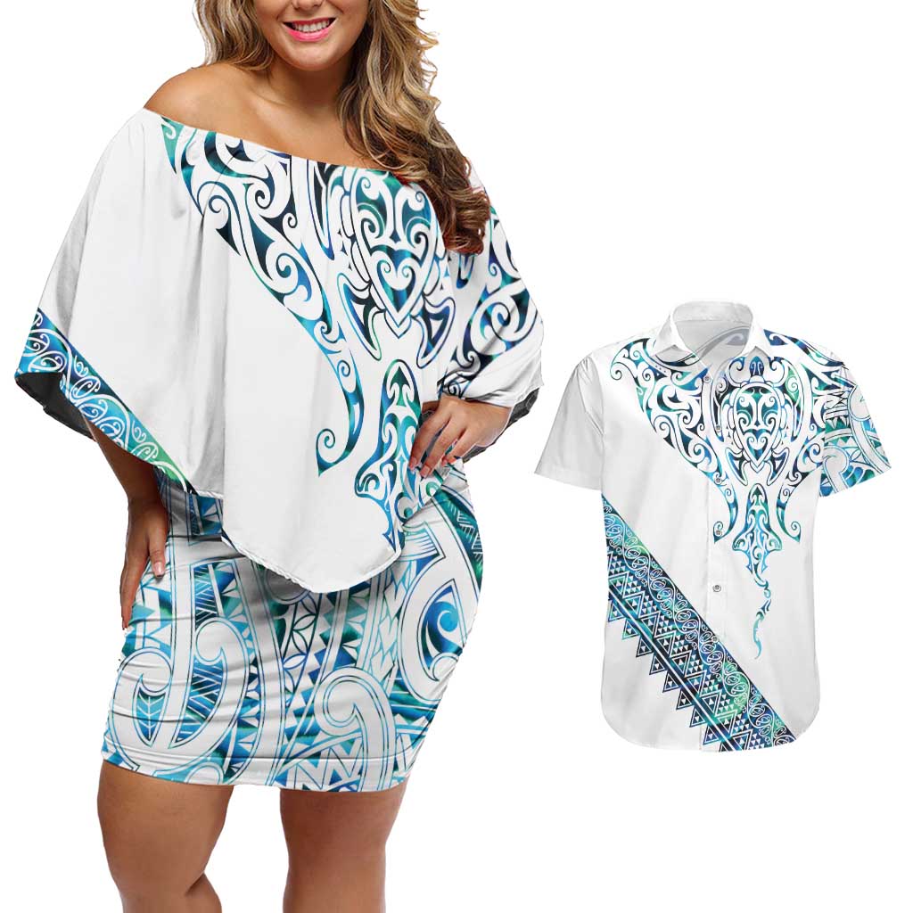 Kahui Whetu Paua shell Kowhaiwhai Taniko Personalised Couples Matching Off Shoulder Short Dress and Hawaiian Shirt Manta Ray Shark-Turtle Maori Tribal Style