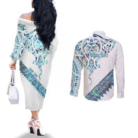 Kahui Whetu Paua shell Kowhaiwhai Taniko Personalised Couples Matching Off The Shoulder Long Sleeve Dress and Long Sleeve Button Shirt Manta Ray Shark-Turtle Maori Tribal Style