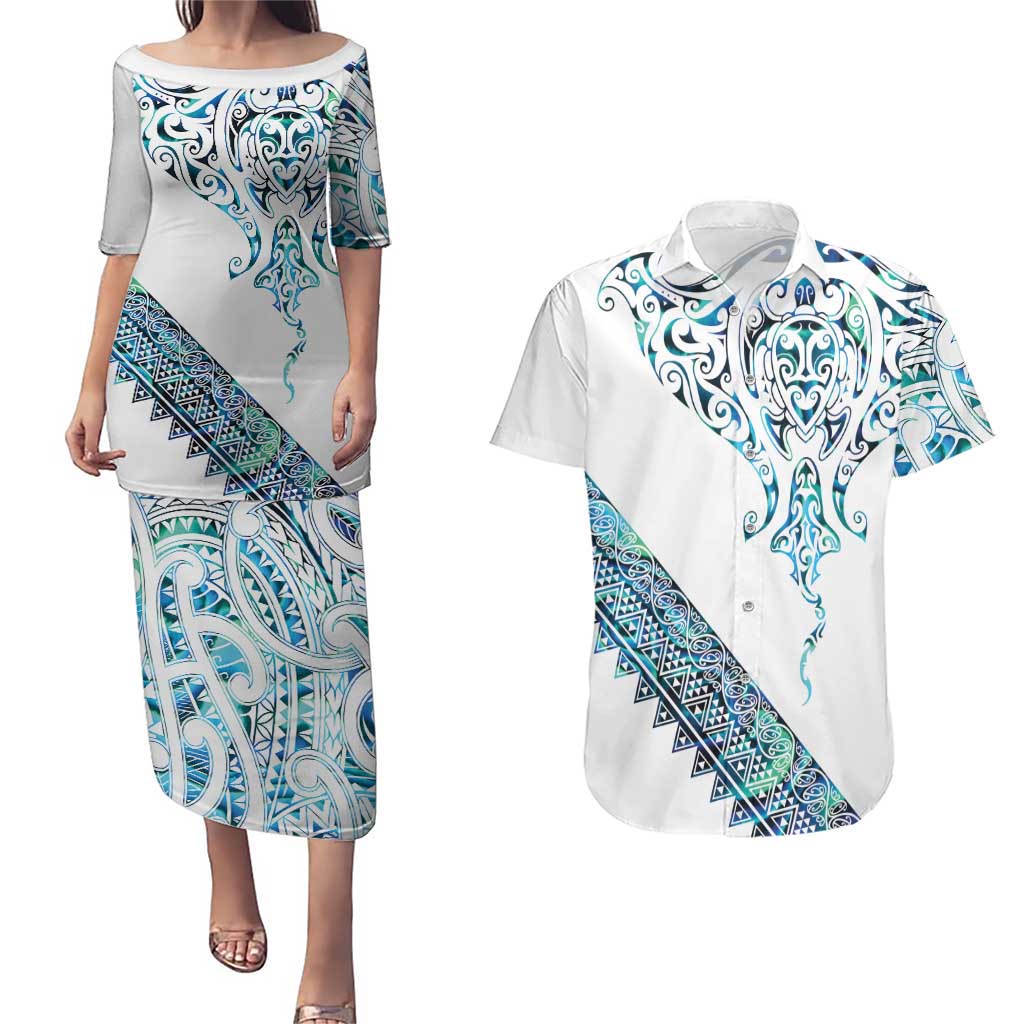 Kahui Whetu Paua shell Kowhaiwhai Taniko Personalised Couples Matching Puletasi and Hawaiian Shirt Manta Ray Shark-Turtle Maori Tribal Style LT9 Blue - Polynesian Pride
