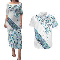 Kahui Whetu Paua shell Kowhaiwhai Taniko Personalised Couples Matching Puletasi and Hawaiian Shirt Manta Ray Shark-Turtle Maori Tribal Style LT9 Blue - Polynesian Pride