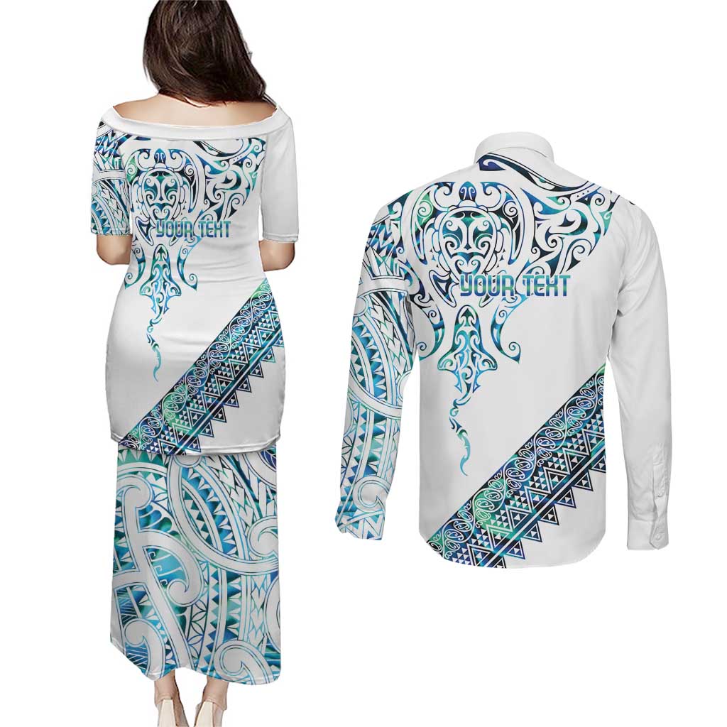 Kahui Whetu Paua shell Kowhaiwhai Taniko Personalised Couples Matching Puletasi and Long Sleeve Button Shirt Manta Ray Shark-Turtle Maori Tribal Style