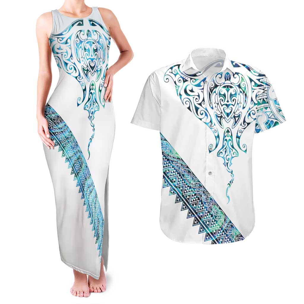 Kahui Whetu Paua shell Kowhaiwhai Taniko Personalised Couples Matching Tank Maxi Dress and Hawaiian Shirt Manta Ray Shark-Turtle Maori Tribal Style