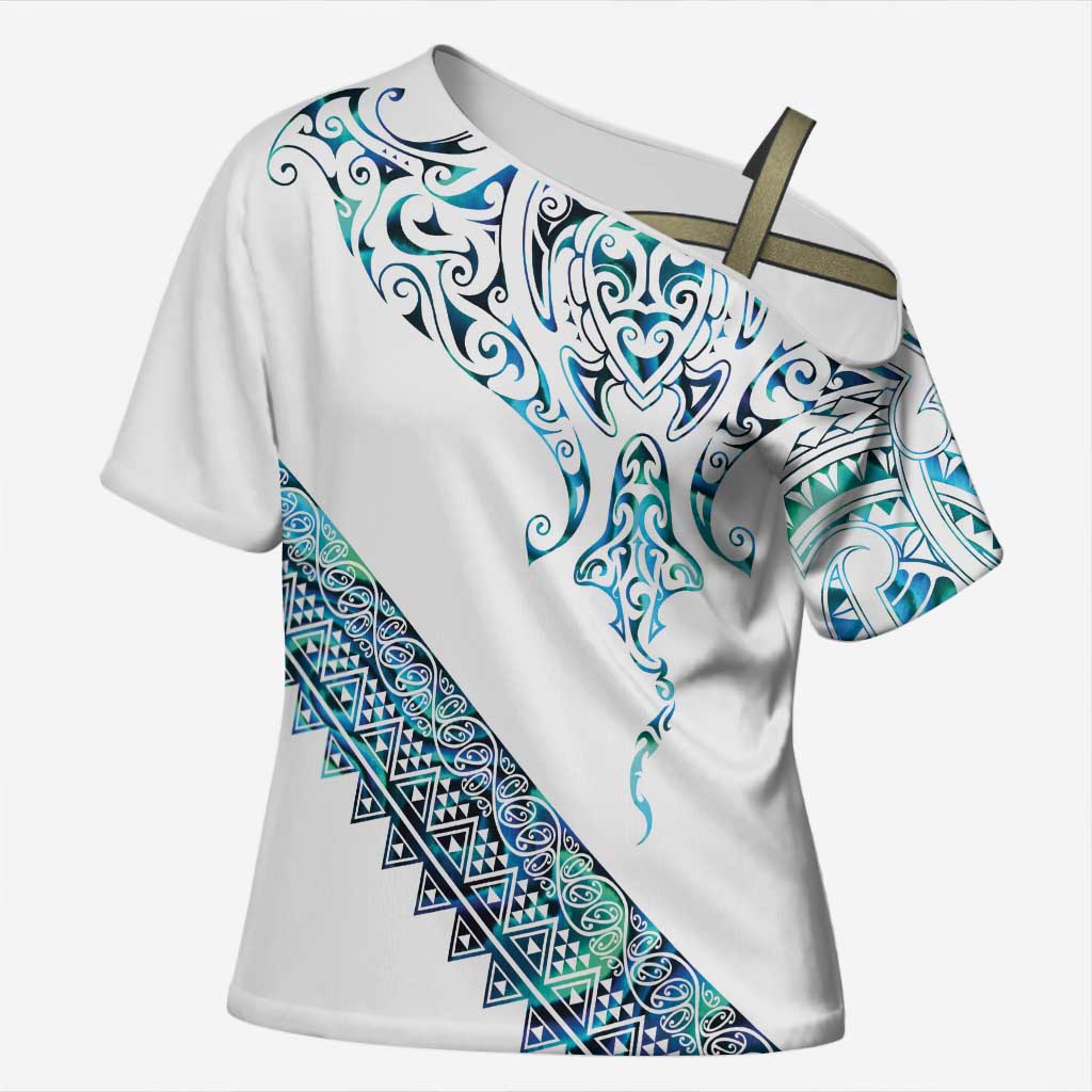 Kahui Whetu Paua shell Kowhaiwhai Taniko Personalised Cross Shoulder Shirt Manta Ray Shark-Turtle Maori Tribal Style